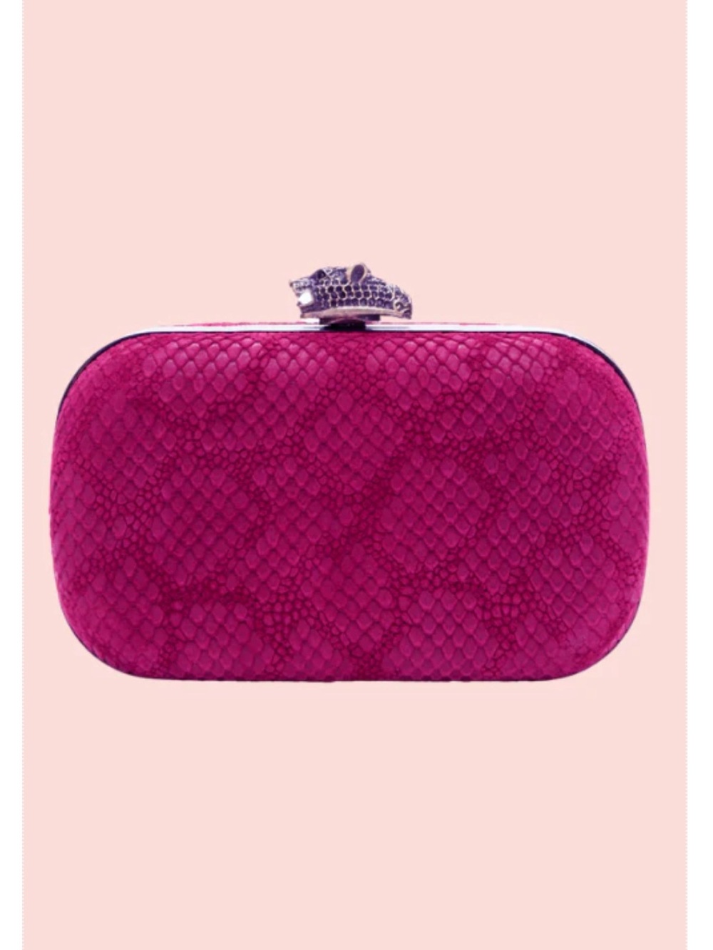House of Harlow 1960 Fuchsia Snake-Texture Clutch with Jeweled Animal Clasp